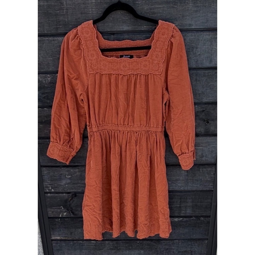Madewell Embroidered Corduroy Square-Neck Mini Dress Warm Umber Size Small